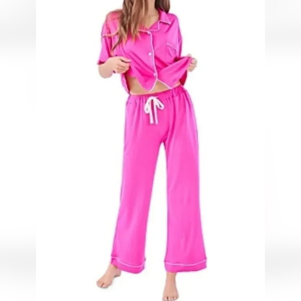 Stripe & Stare Women's 2 Piece Pink White Pajama Set Super Soft